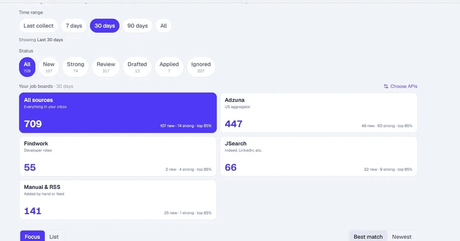 WorkAide Jobs inbox showing collected roles with match scoring across multiple job boards