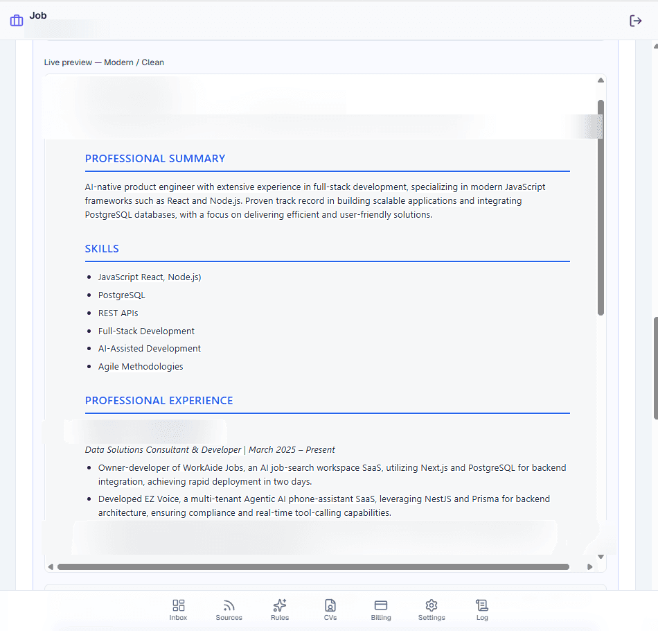 WorkAide Jobs live resume preview showing tailored summary, skills, and experience from your real background