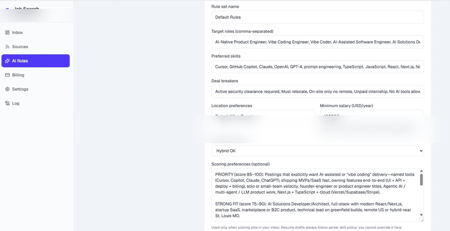 WorkAide Jobs AI rules configuration showing target roles, preferred skills, and deal breakers